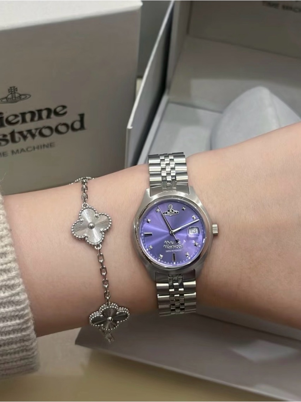 Vivienne Westwood Silver Watch with Purple Sunburst Dial